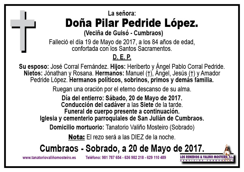 Esquela de Pilar Pedride López.